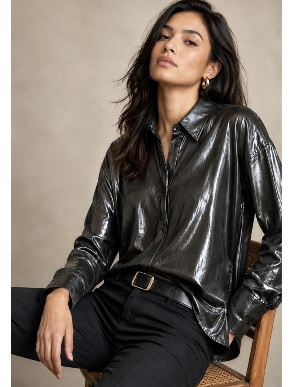 Black Anthro Liquid Shine Blouse- L